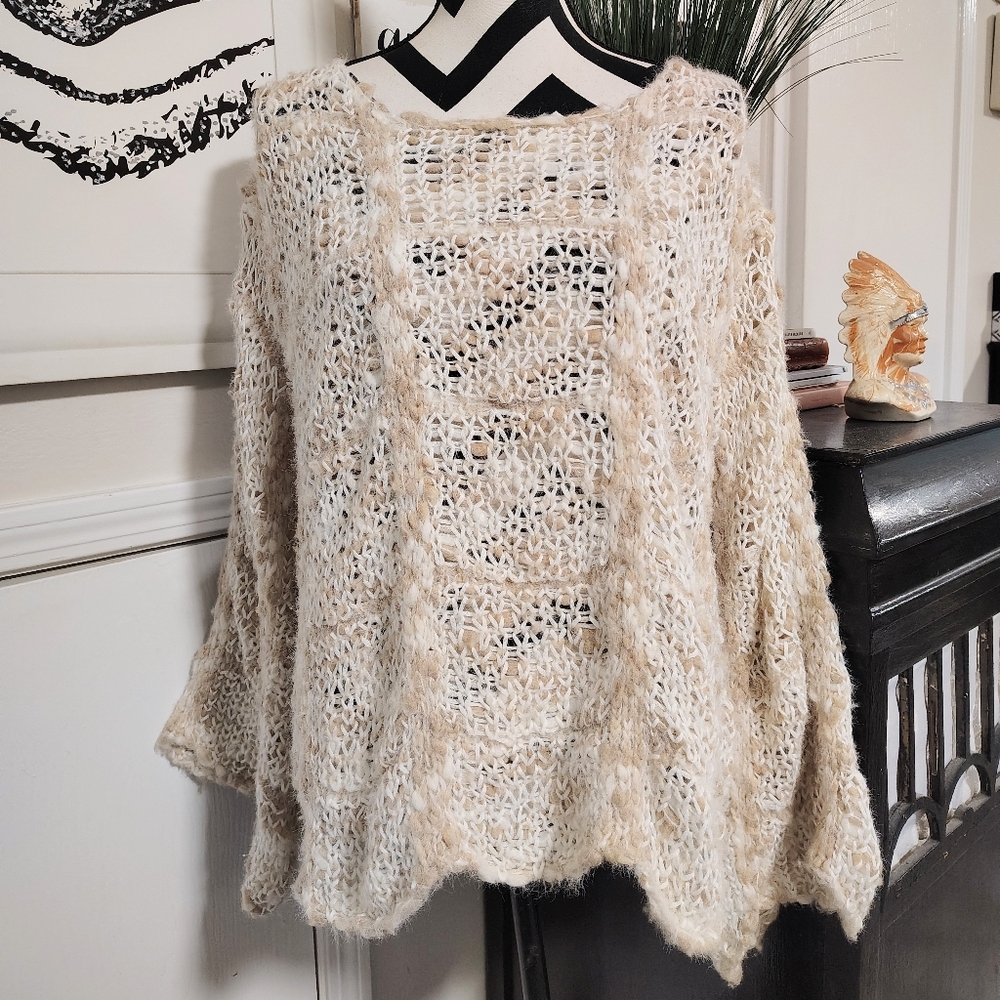 POL Crochet Open Weave Sweater White/Tan Women's Medium Cabincore Cozy Bohemian